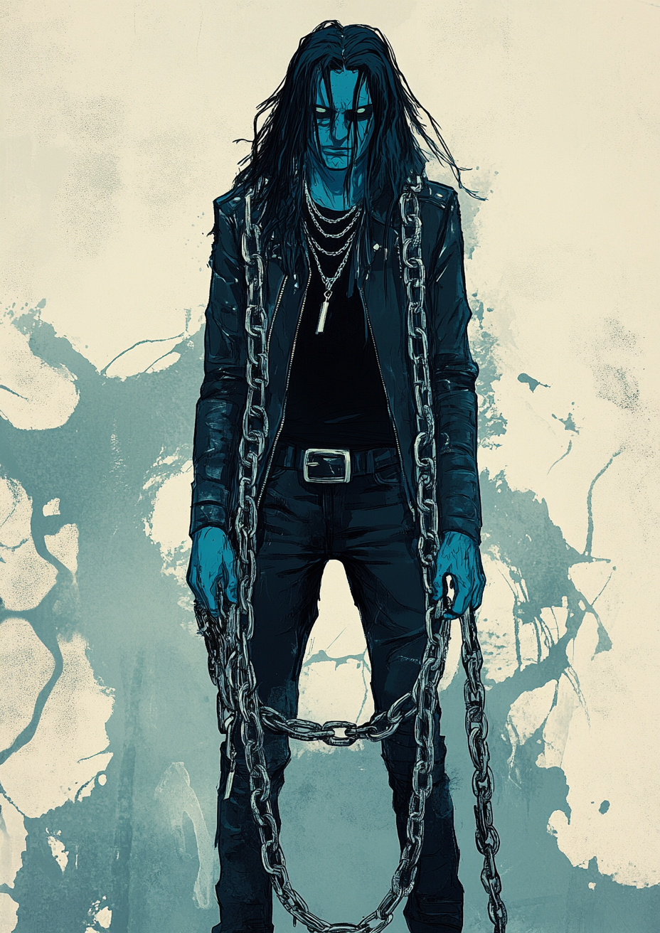 Blue-skinned man in leather jacket sketch