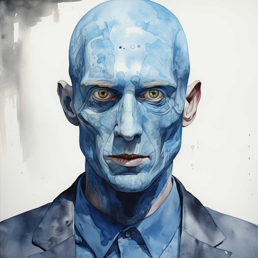 Vibrant watercolor of blue-skinned man