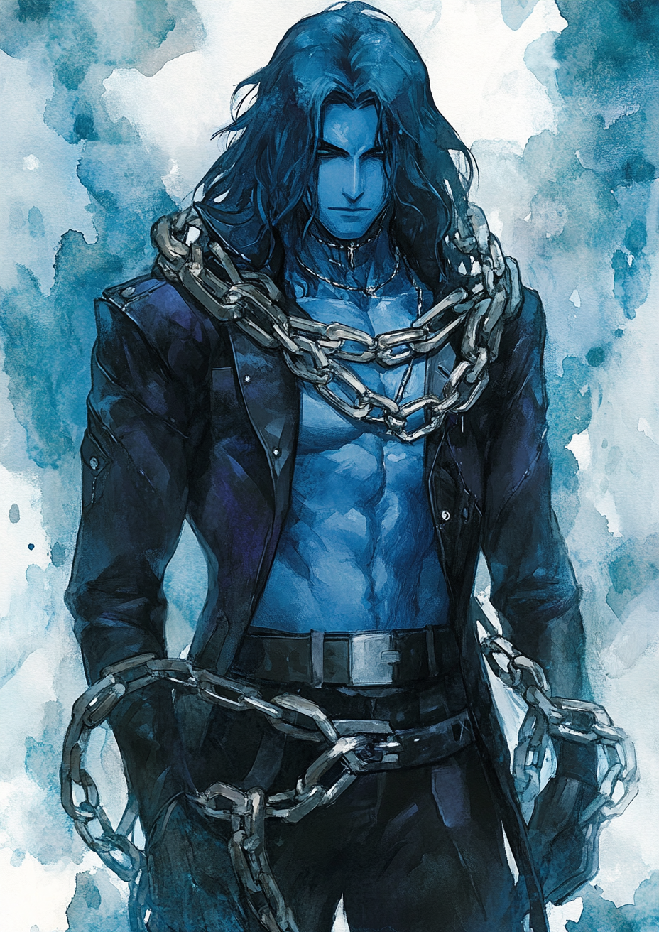 Blue-Skinned Man Chains Watercolor