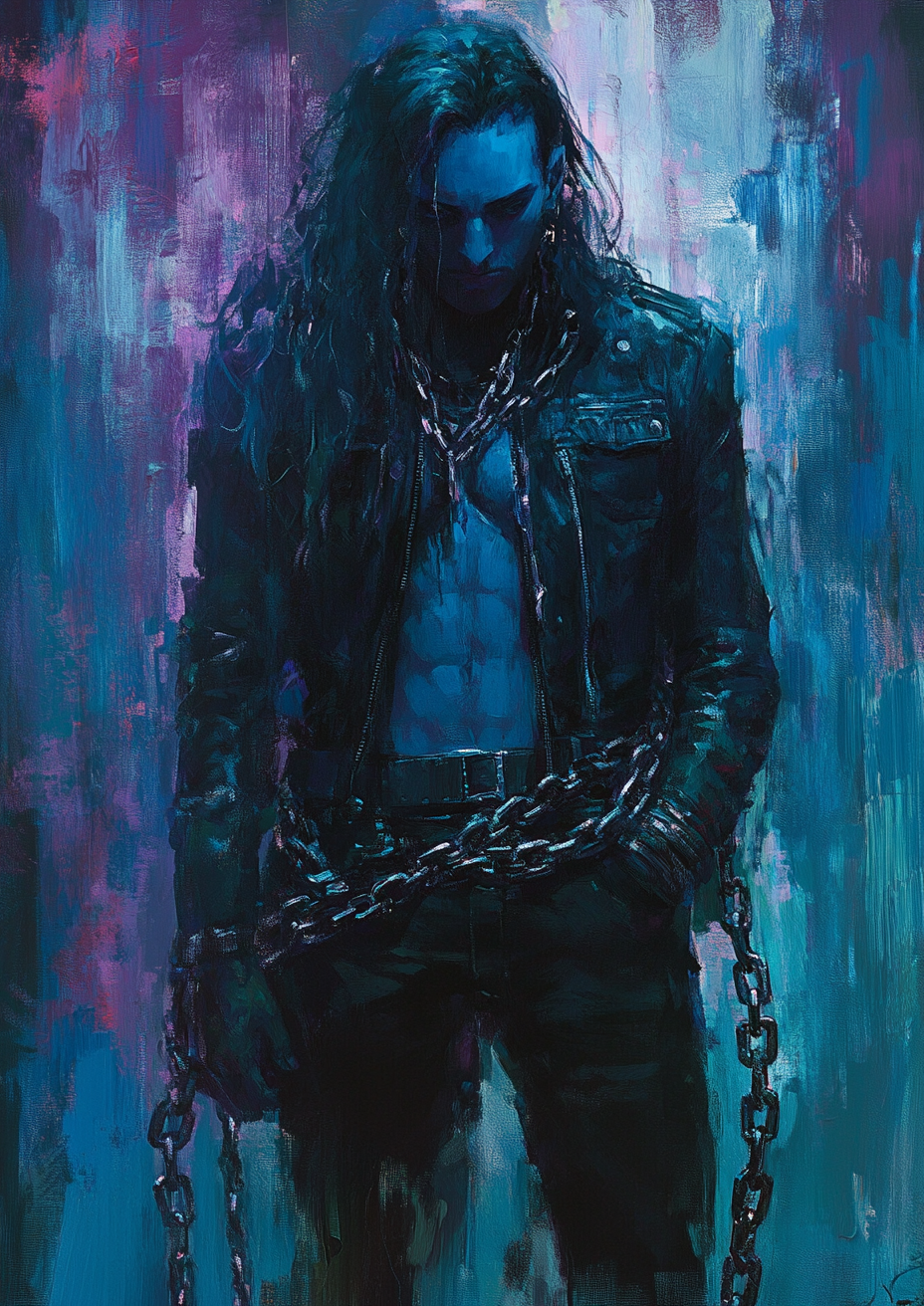 Blue-skinned man chains jacket pants