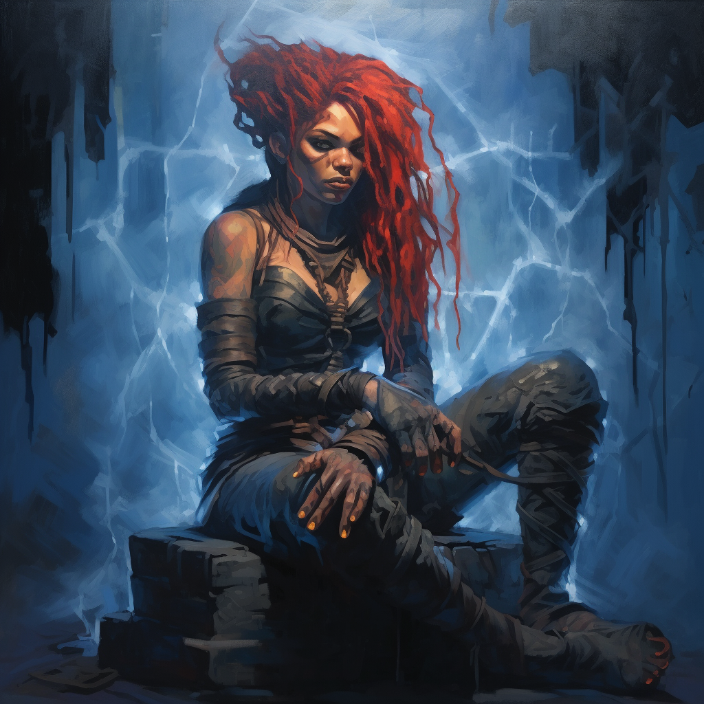 Dark blue-skinned orc warrior girl with lightning