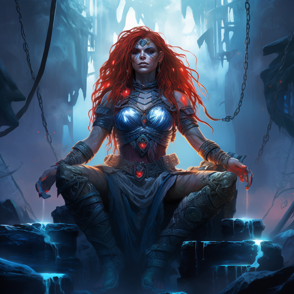 Blue-skinned orc warrior girl on obsidian throne with lightning