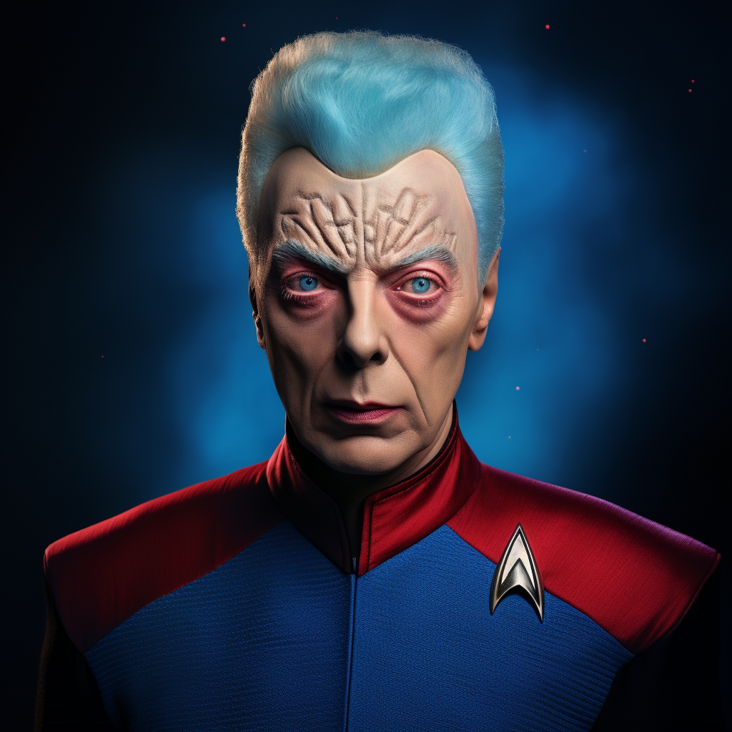 Blue-skinned Star Trek Tim Curry in Red Uniform