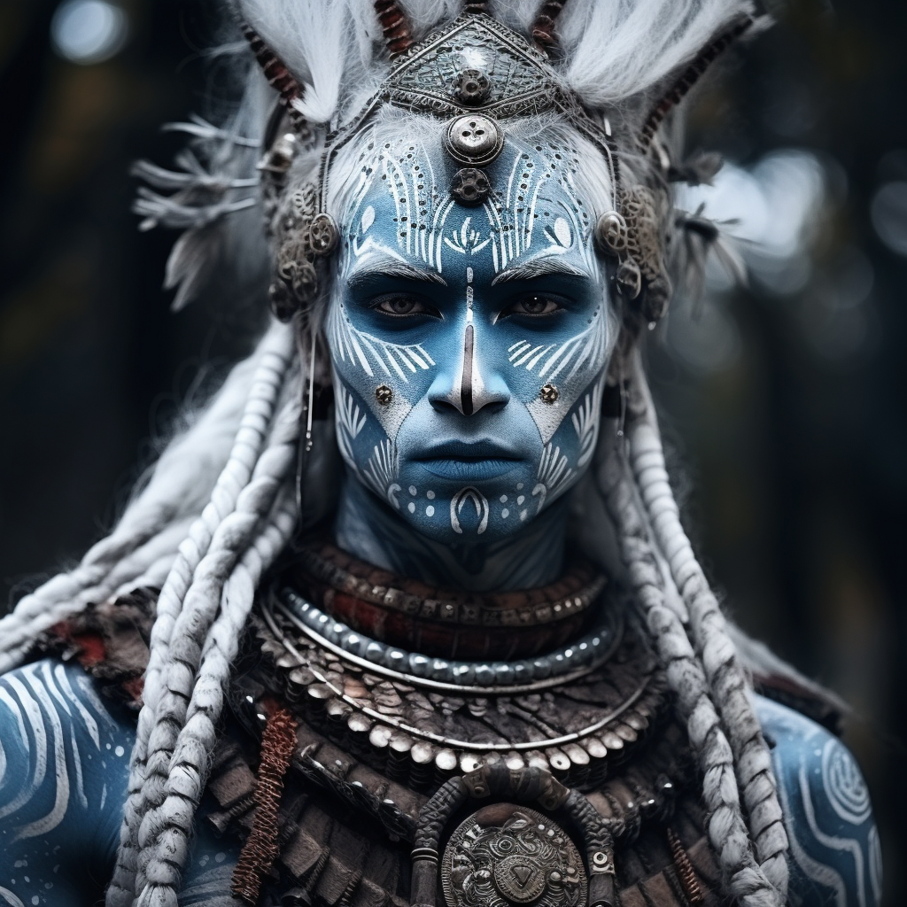 Blue-skinned warrior in Indian clothes with white hair