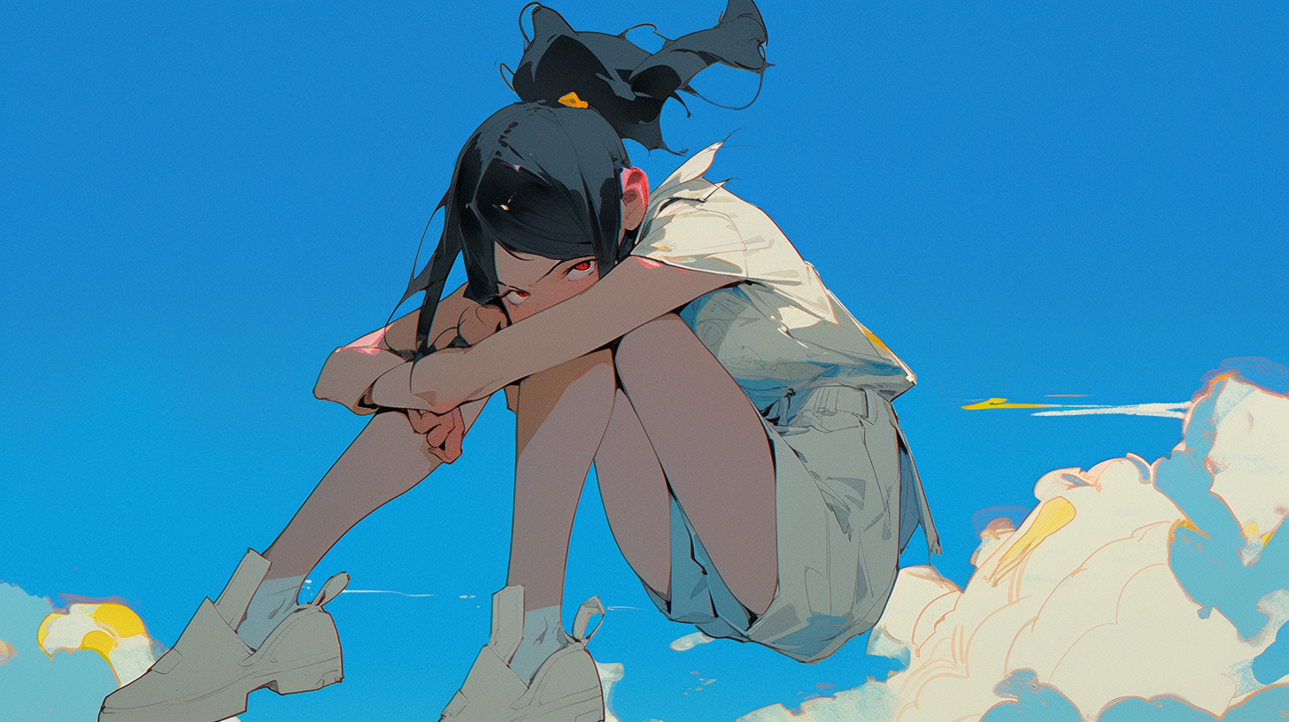 Sad-faced girl wearing fashionable shoes on a blue sky background