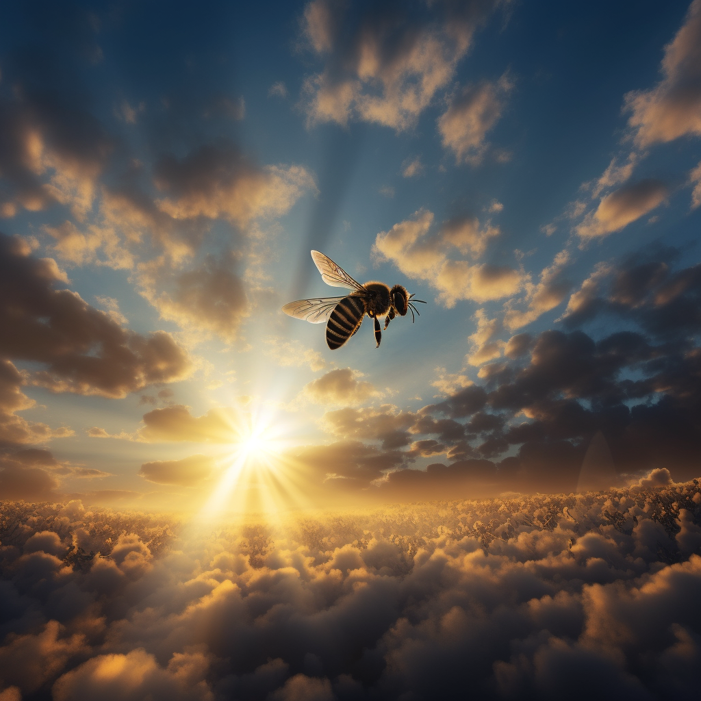 Blue sky with clouds and sunlight breaking through, featuring a bee