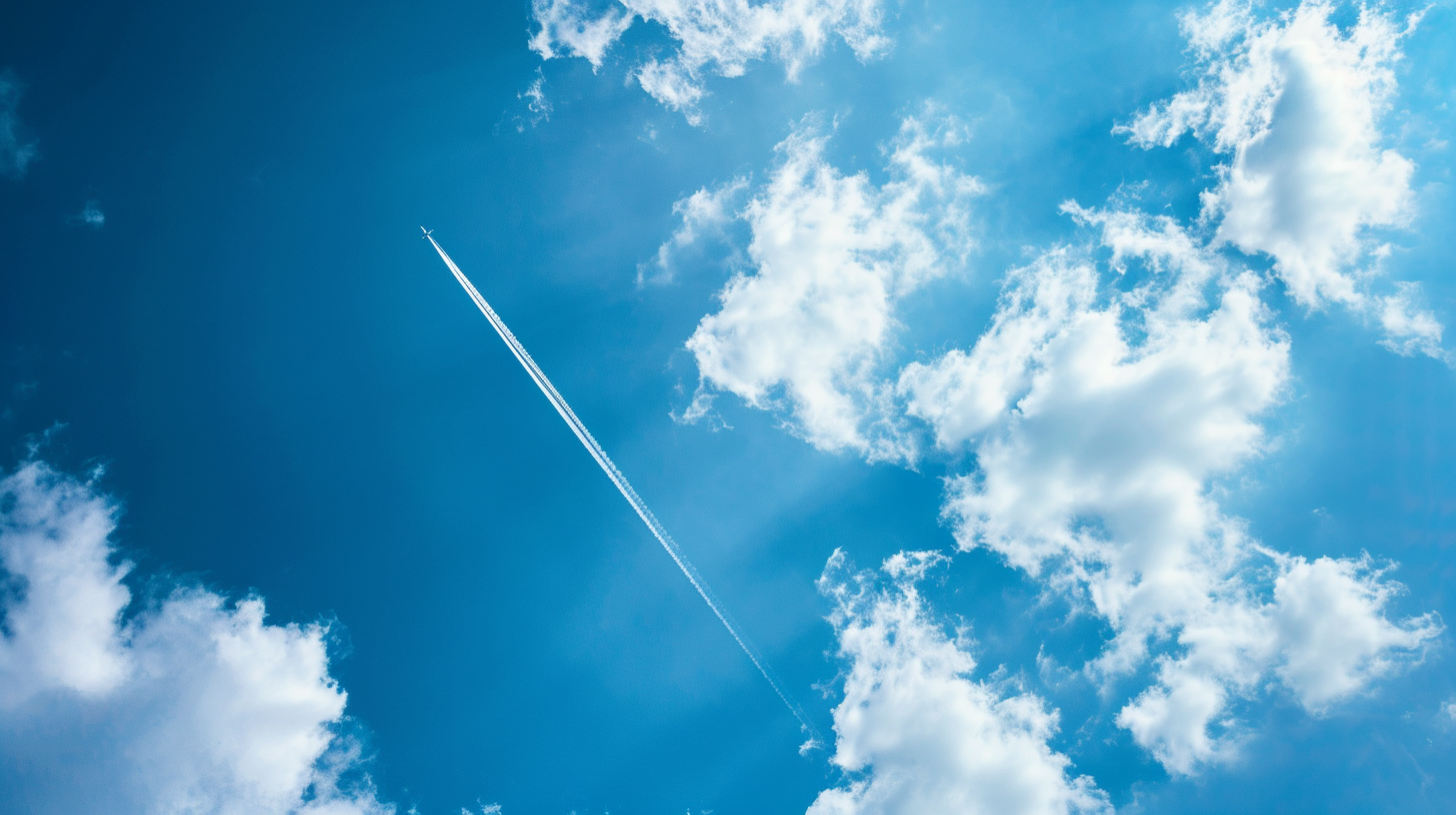 Blue sky with white clouds and airliner trail