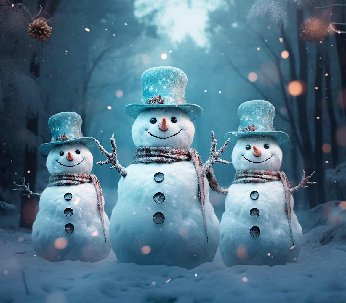 Three Blue Snowmen in a Mesmerizing Scene