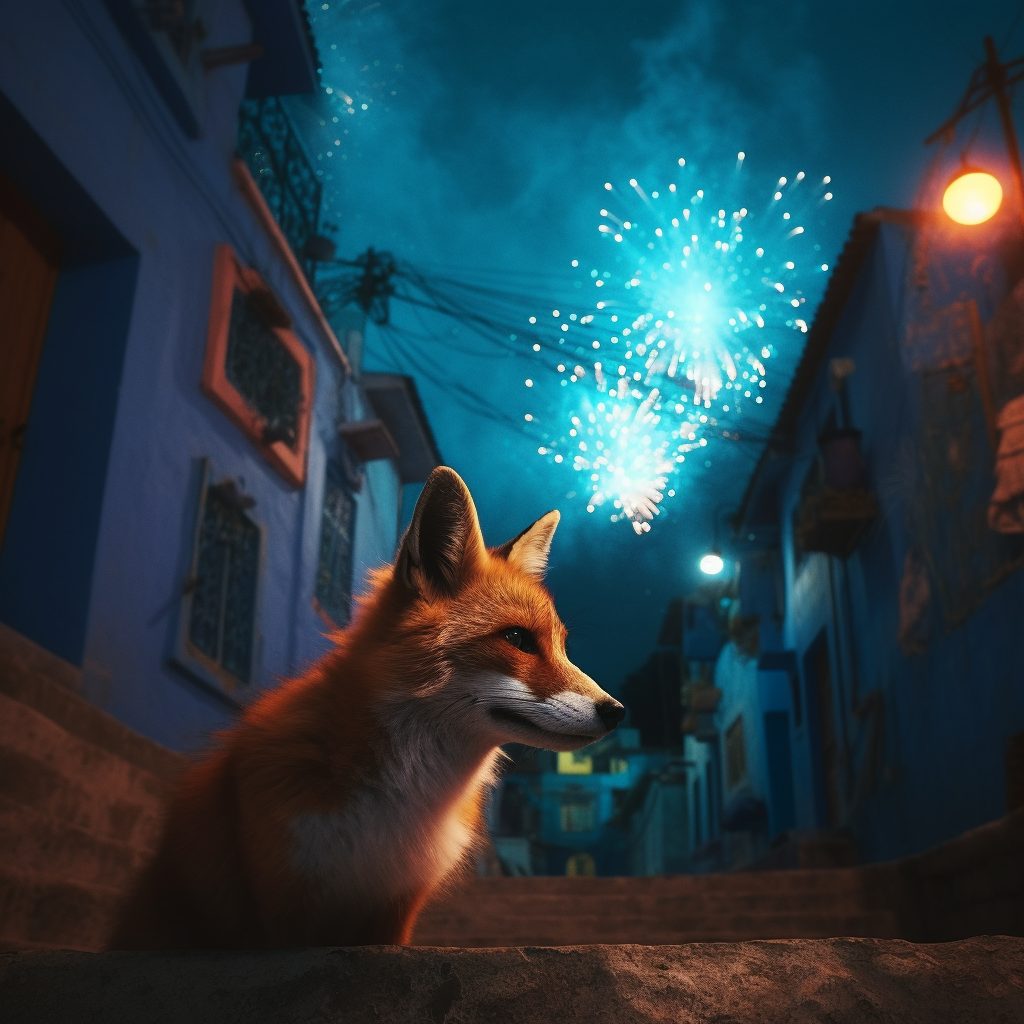 Hyperrealistic fox in blue streets of Chefchaouen