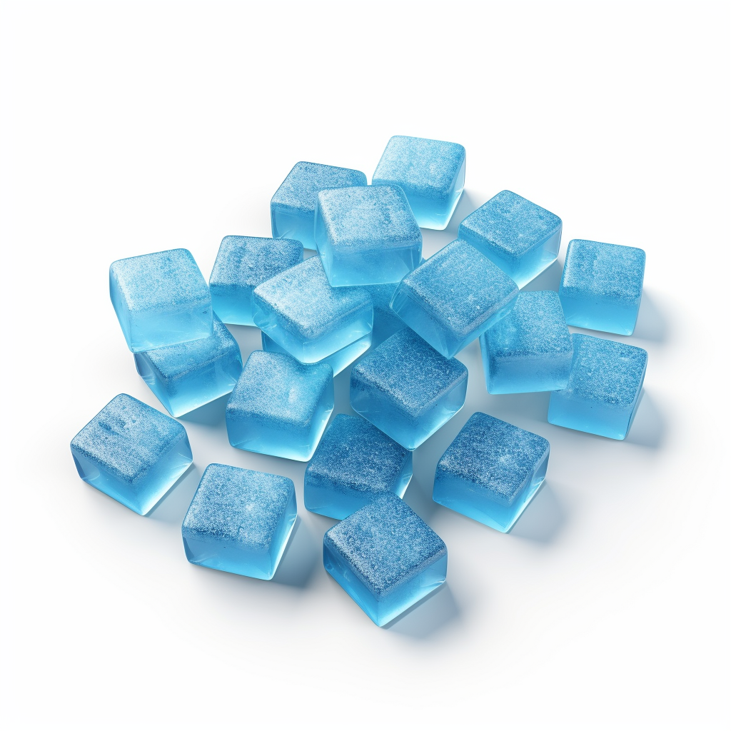 Blue candy gummies floating on white