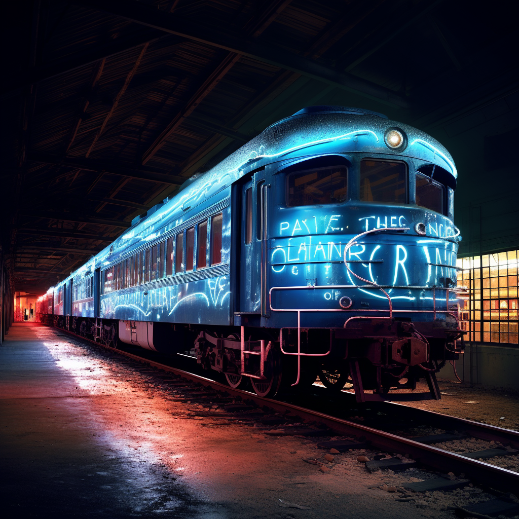 Blue train lighting up with typography