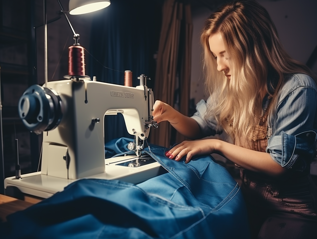 Professional sewing machine operator assembling blue trousers