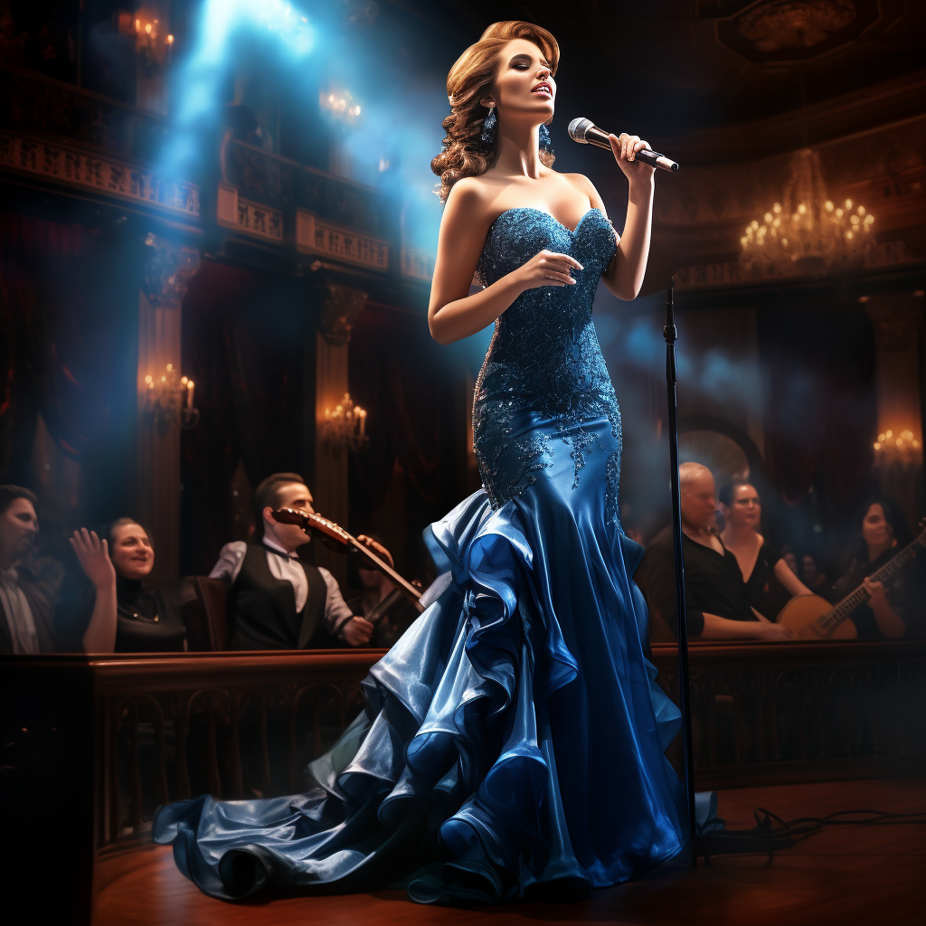 Woman in blue velvet dress singing