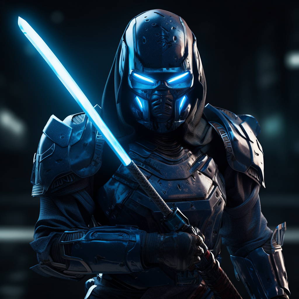 Cinematic blue vigilante with katanas