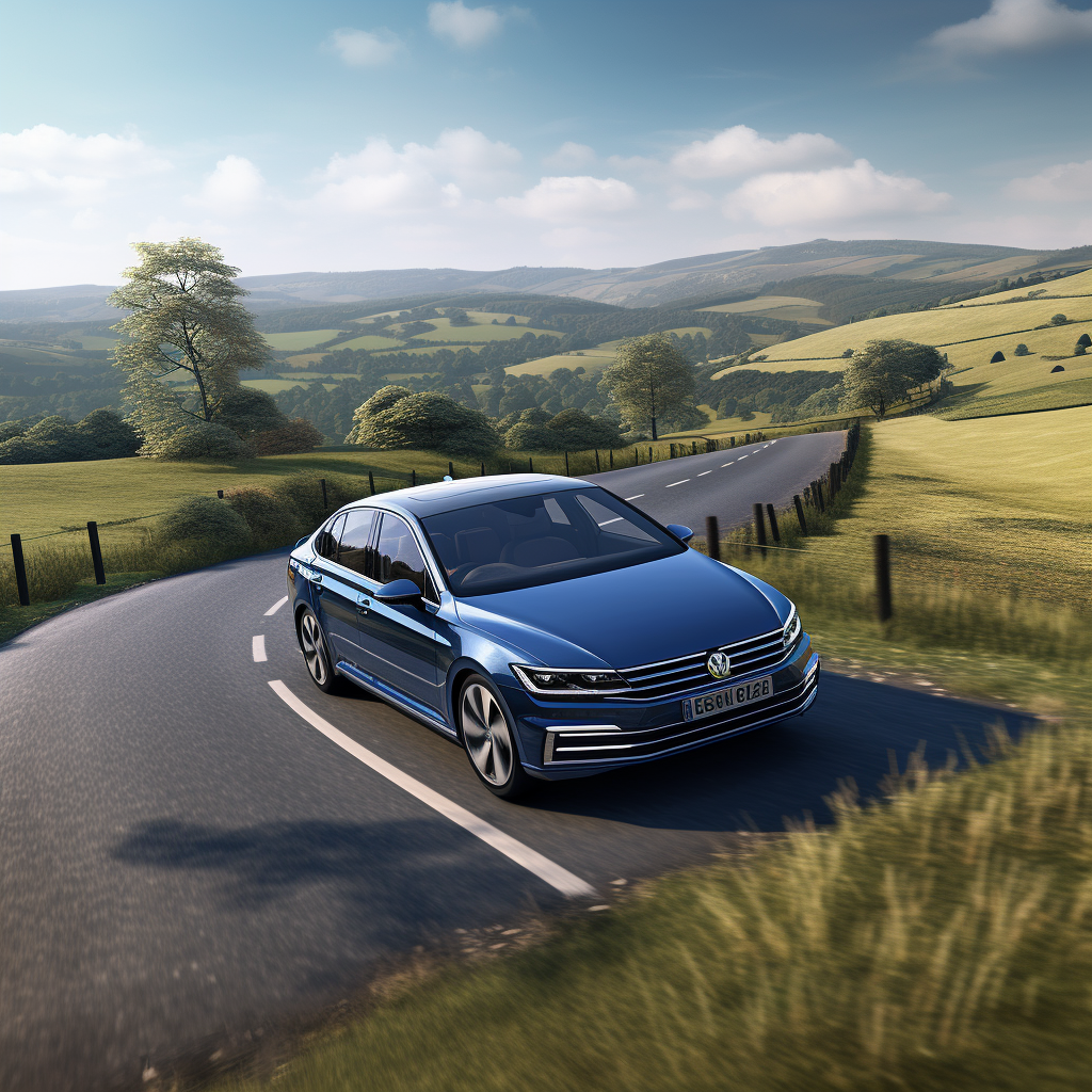 Blue Volkswagen Passat 2018 driving on UK countryside road