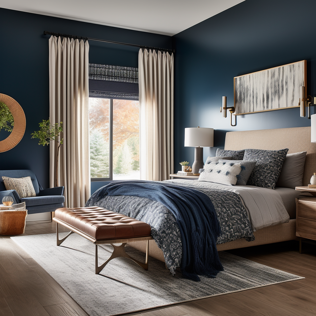 Transitional bedroom with blue walls