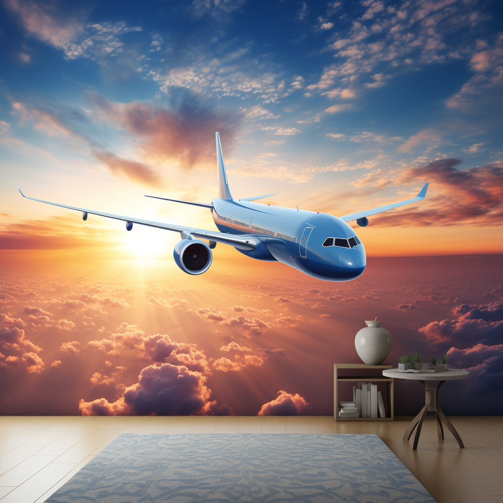 Blue wallpaper with plane and sunrise