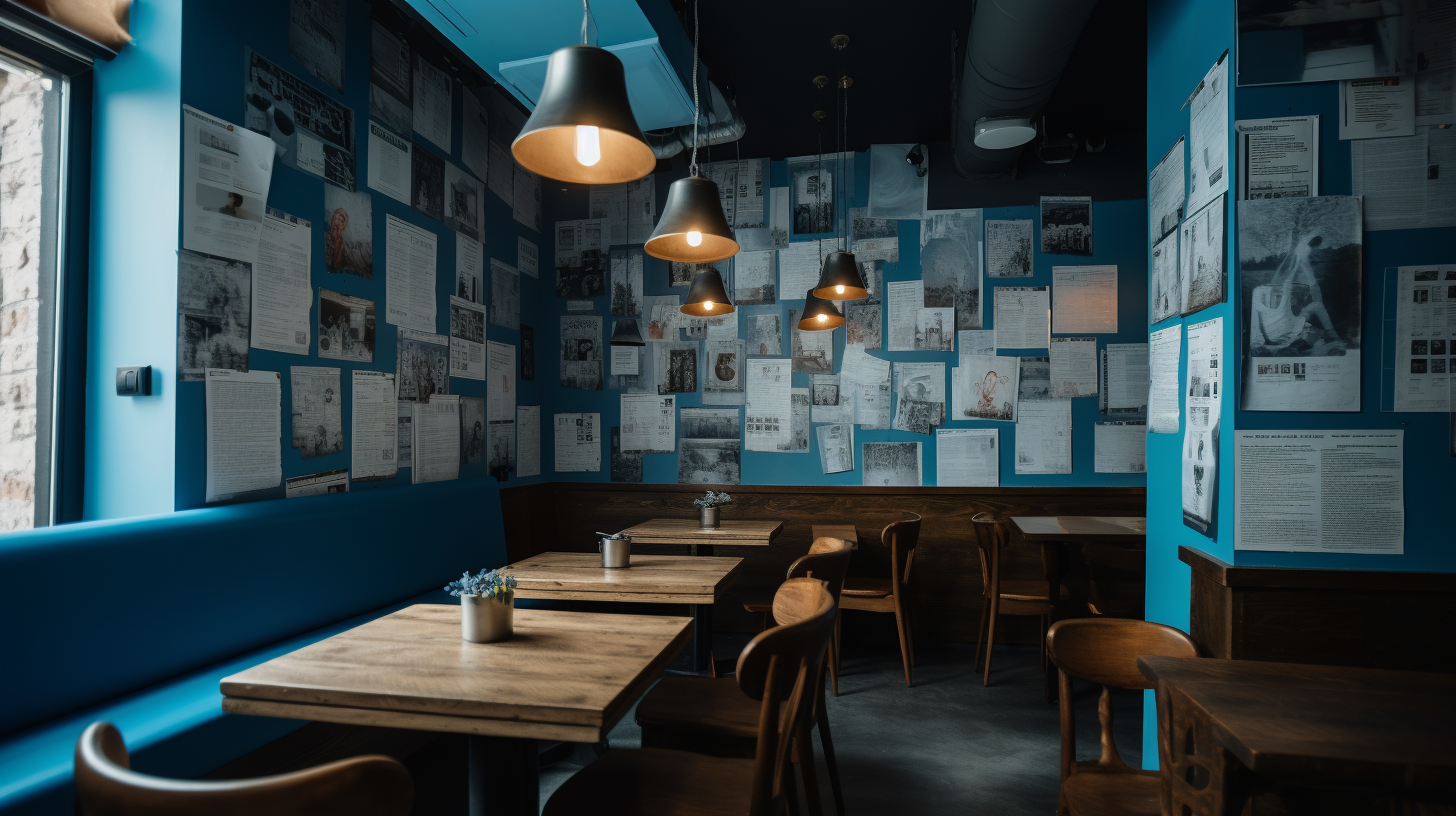 LinkedIn-style restaurant with blue walls and documents