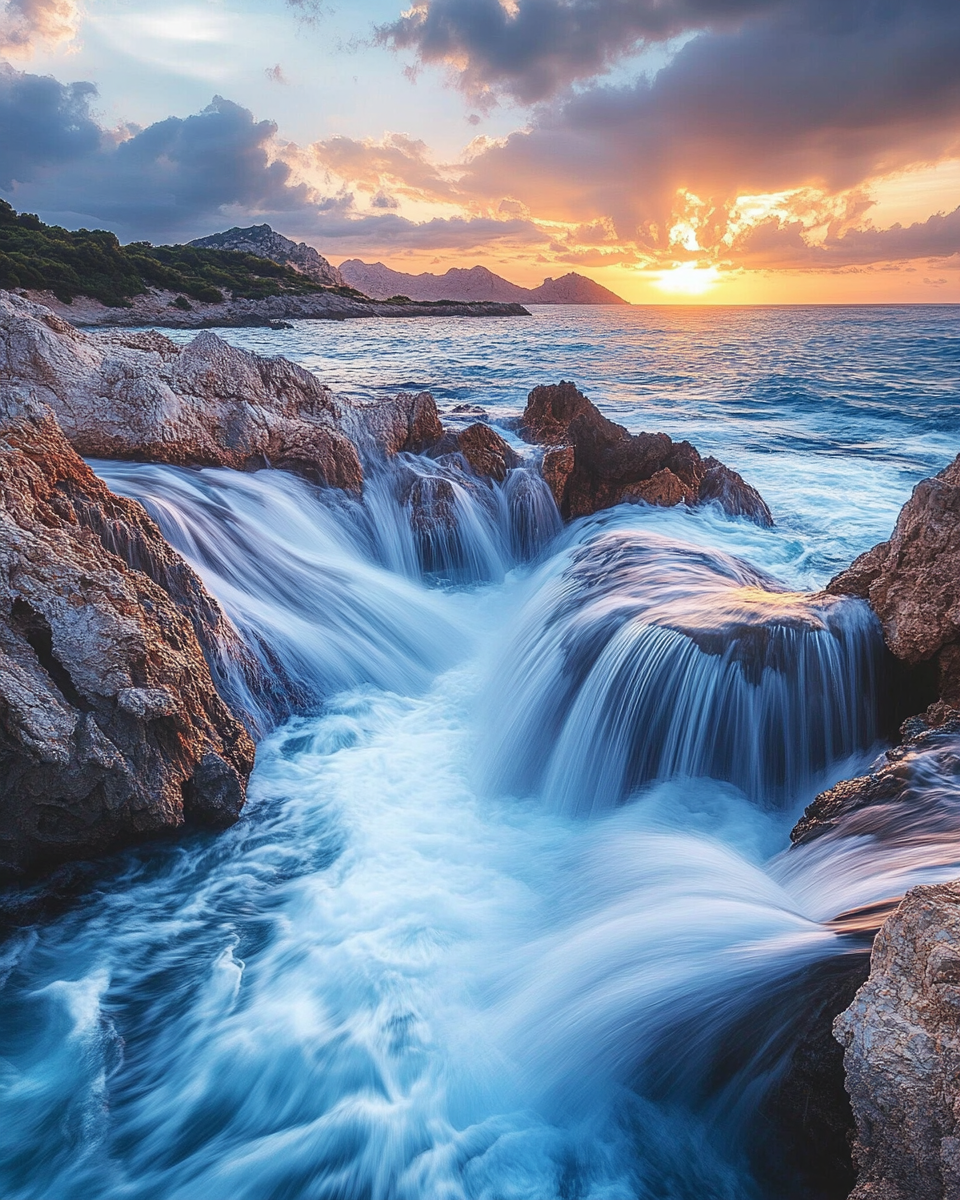 Blue Waterfall in Ocean at Sunset