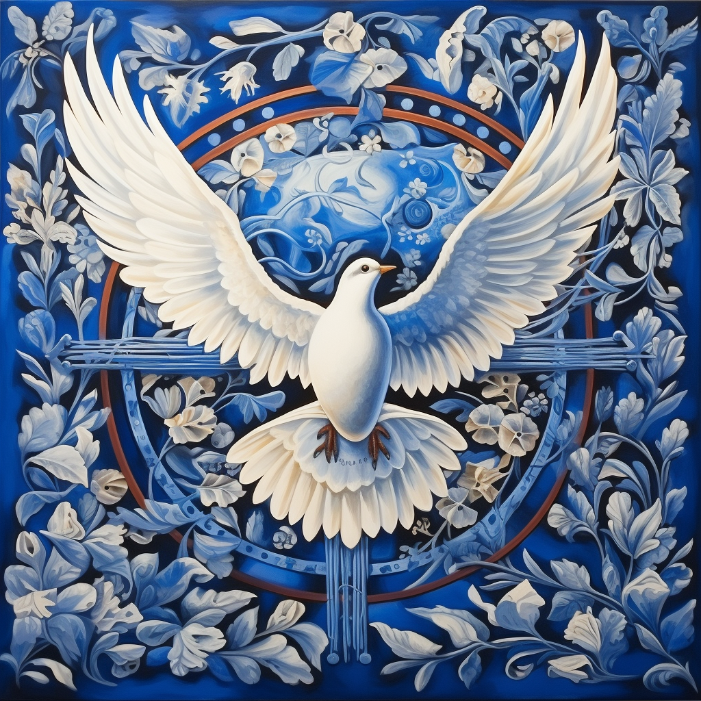 Blue and white art representing freedom, peace, victory