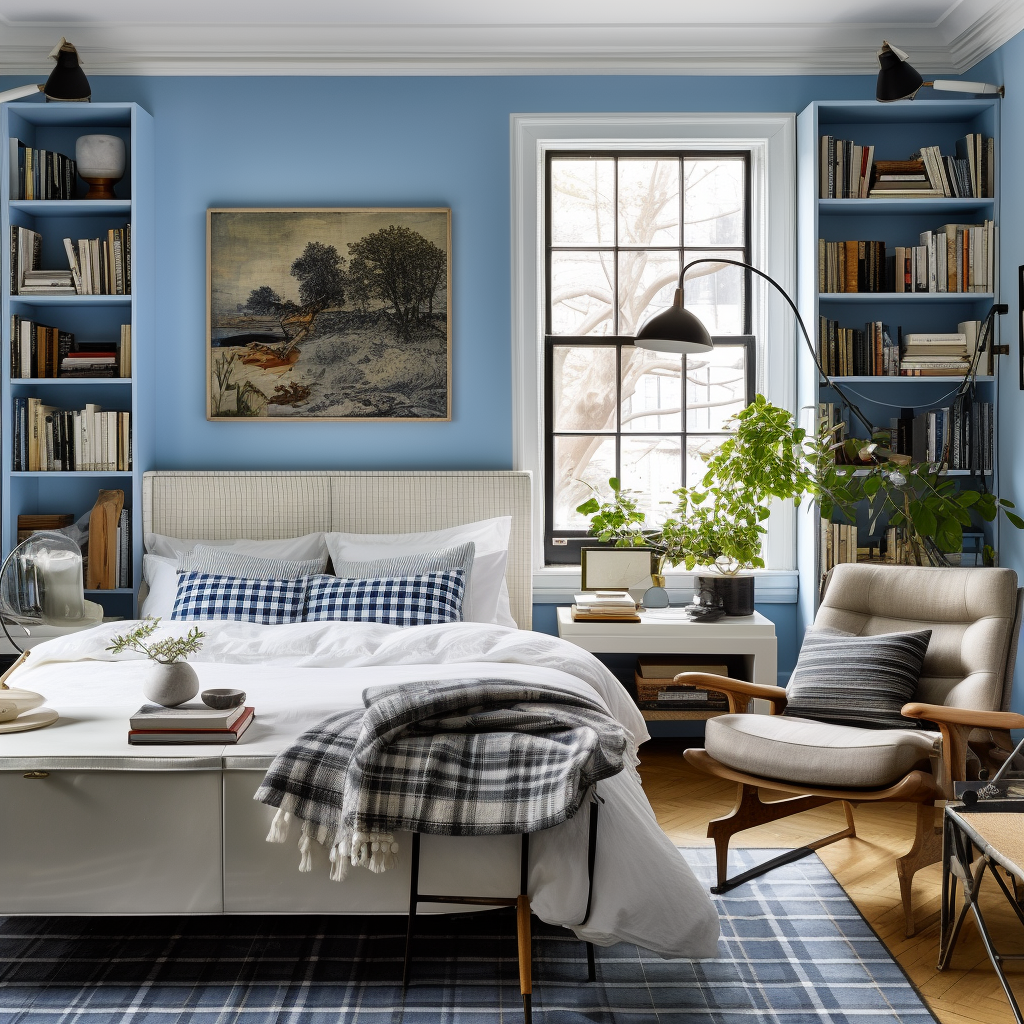 Blue White Bedroom with Chair and Study Table