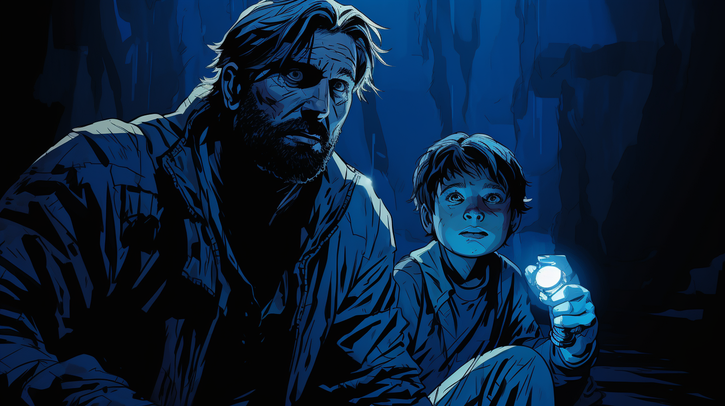 Cyberpunk father and son in dark cave with flashlight