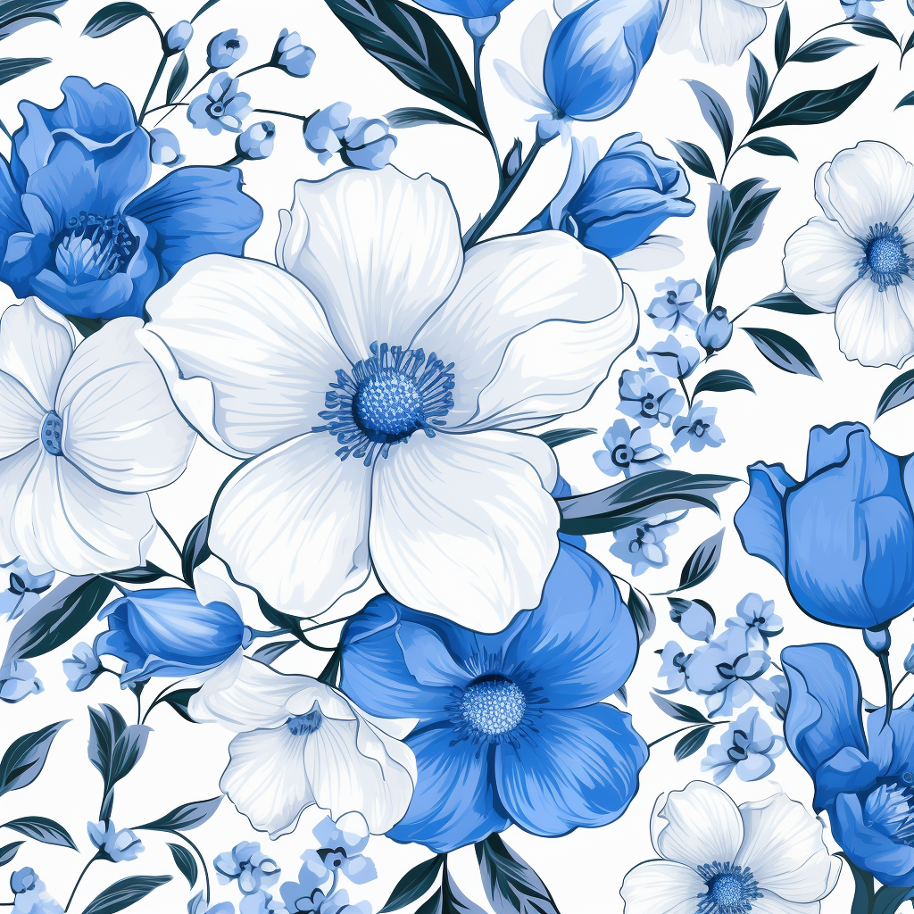 Blue white flowers on white background