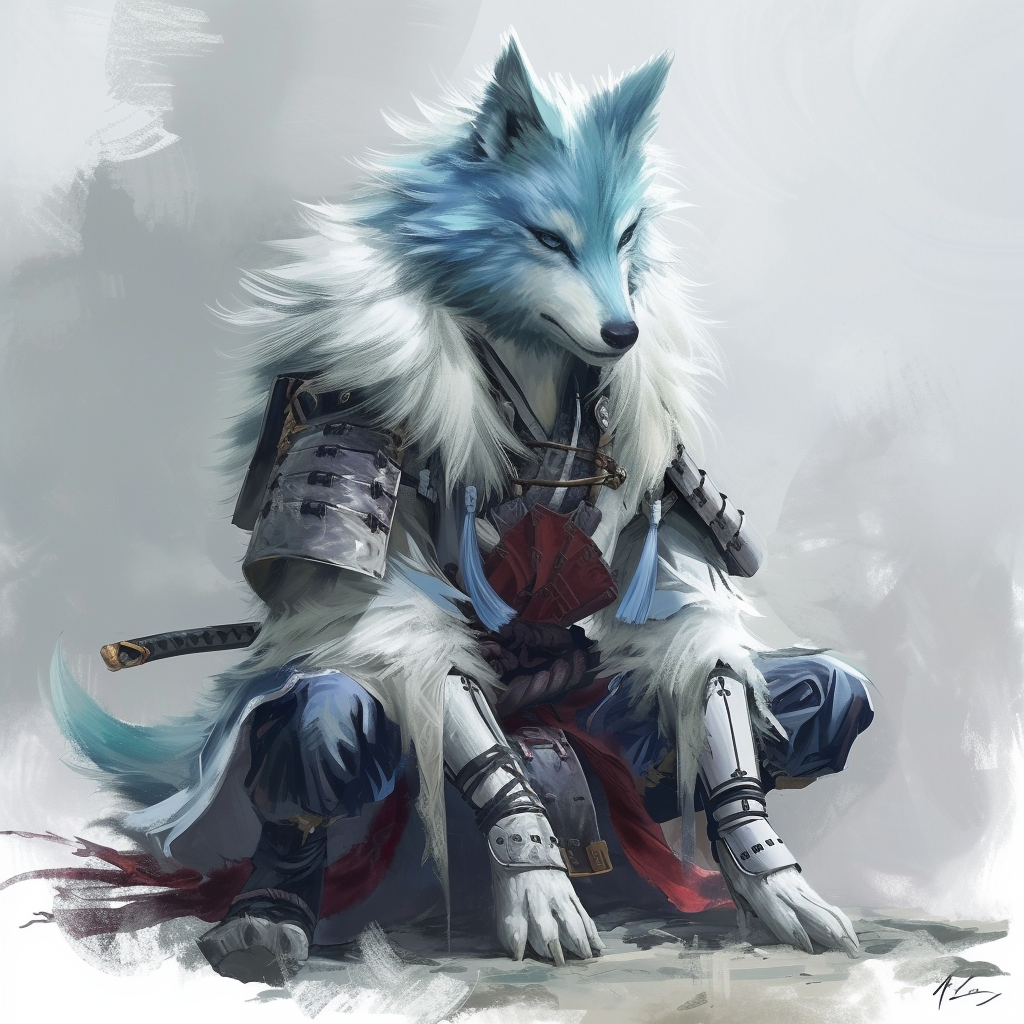 Blue and white furry wolf in samurai armor