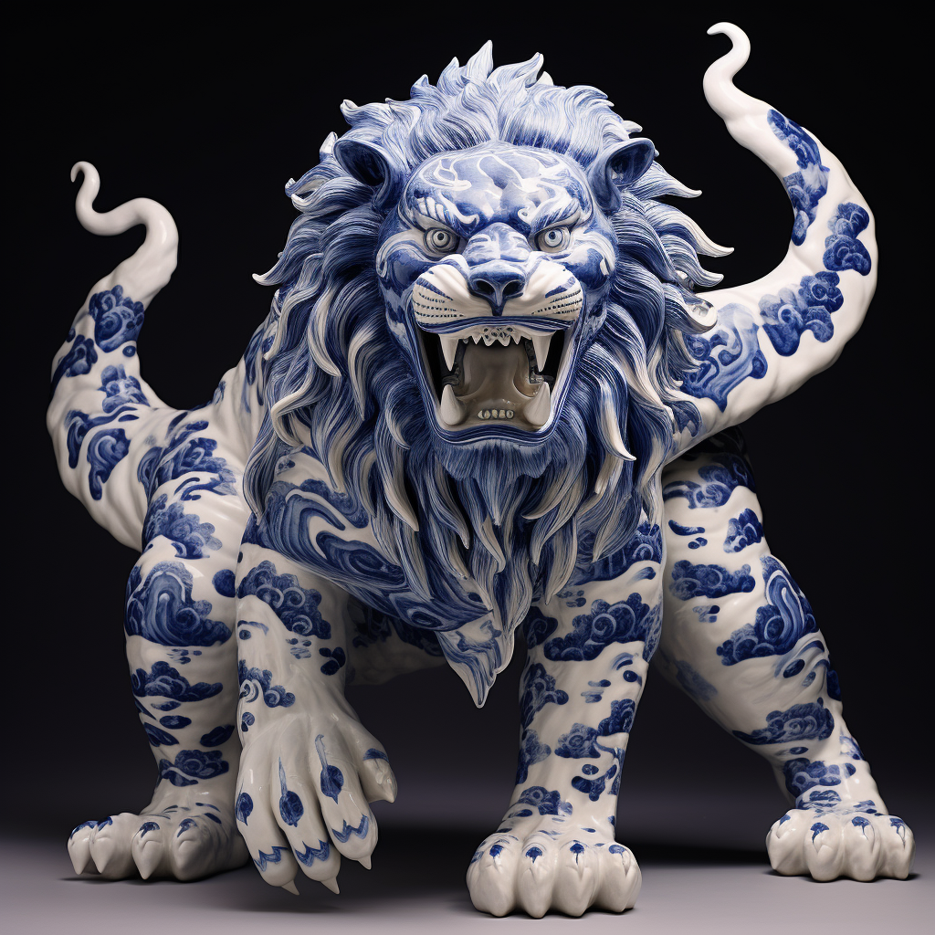 Blue and white lion amidst fire and wreckage