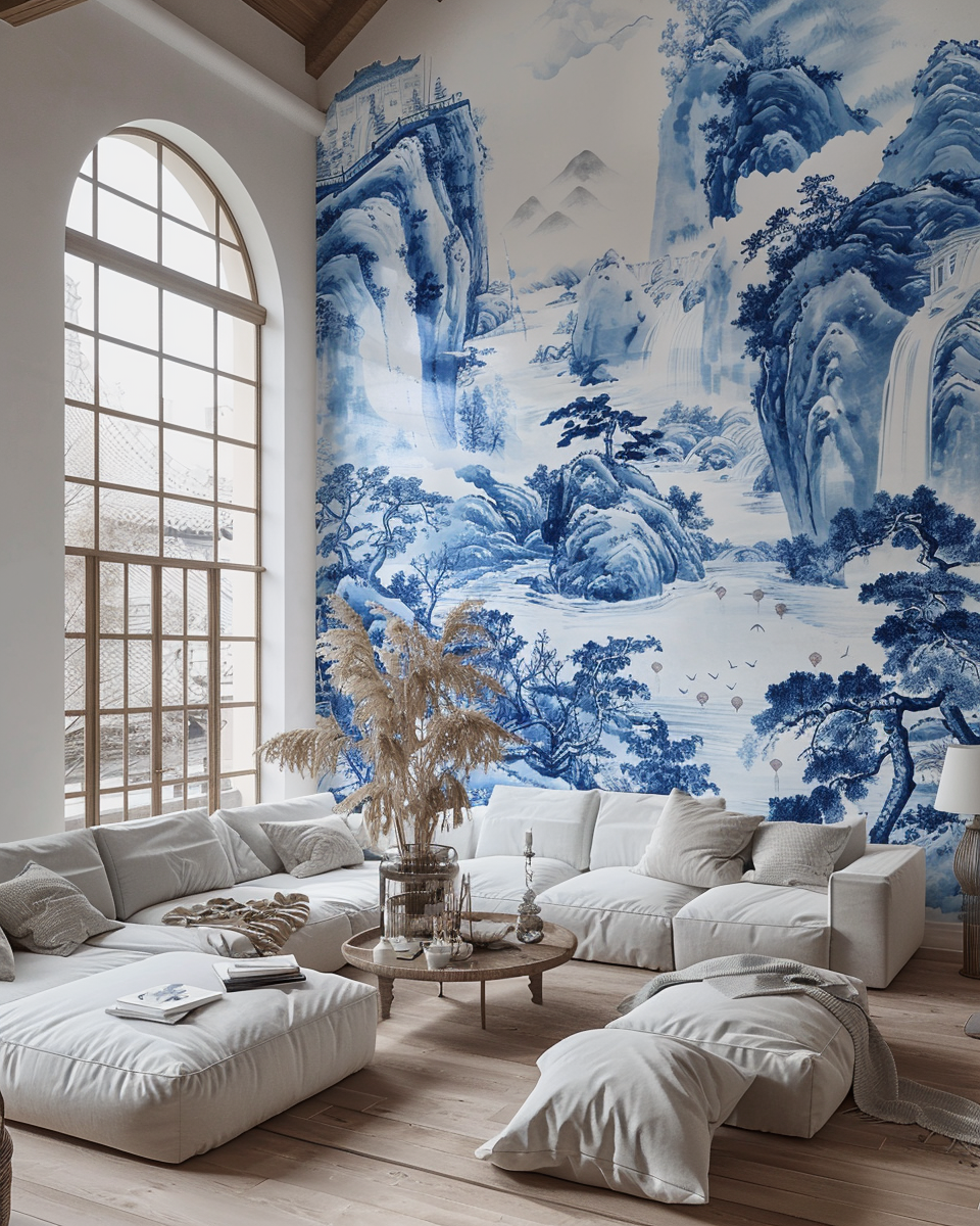 Living room with blue white murals