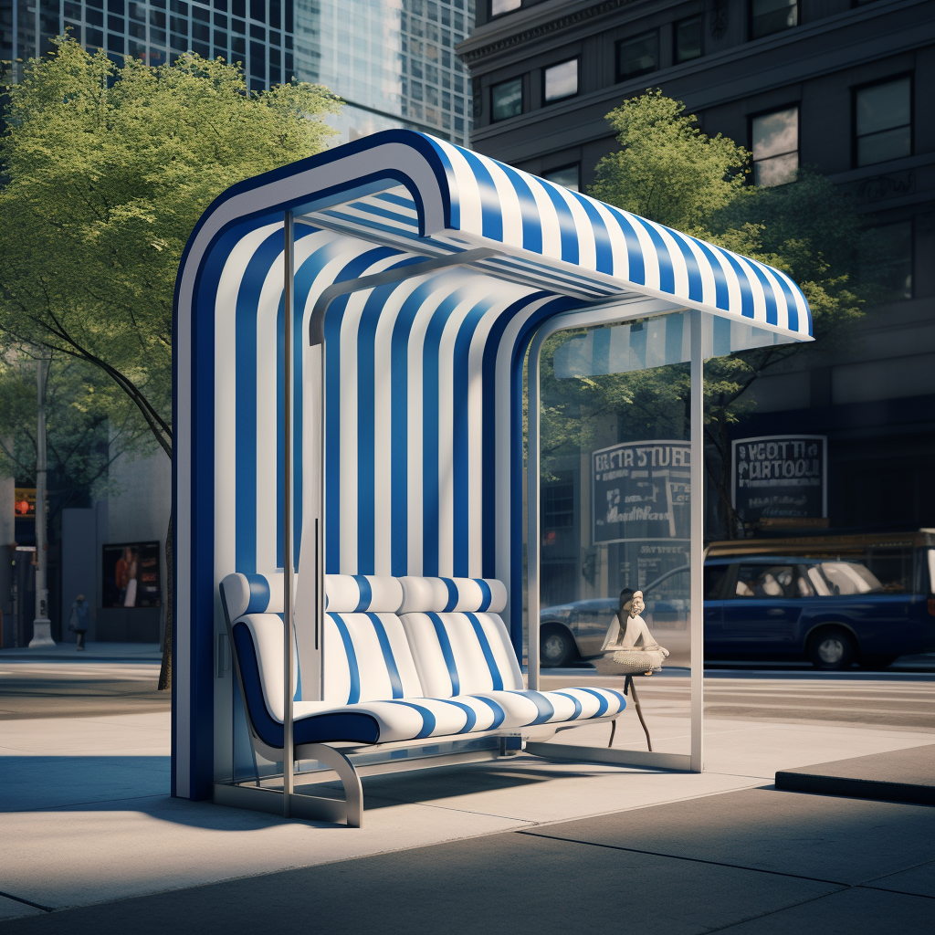 Stylish bus shelter with blue and white striped umbrella roof