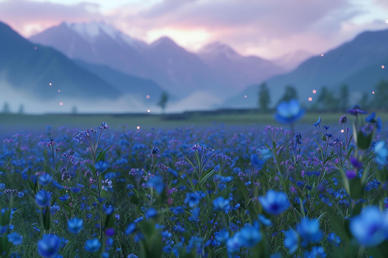 Blue wildflowers in Kashmir at dusk