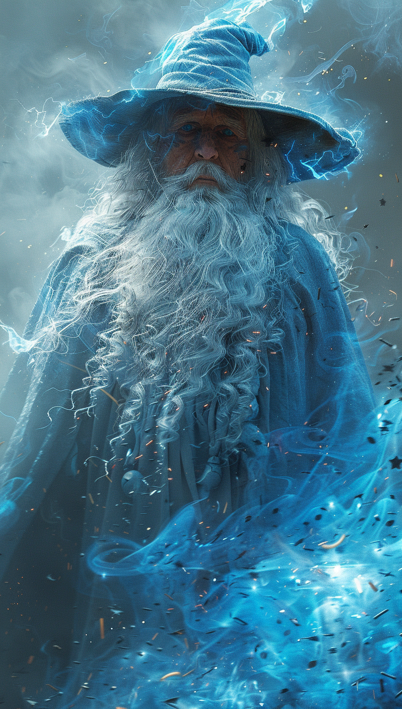 Blue wizard casting magical spell