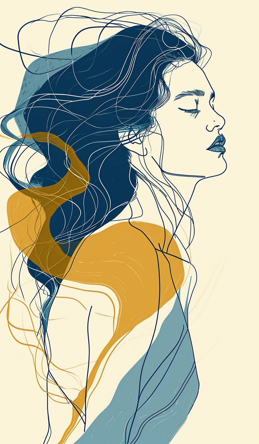 Hand drawn blue hair illustration with a touch of femininity