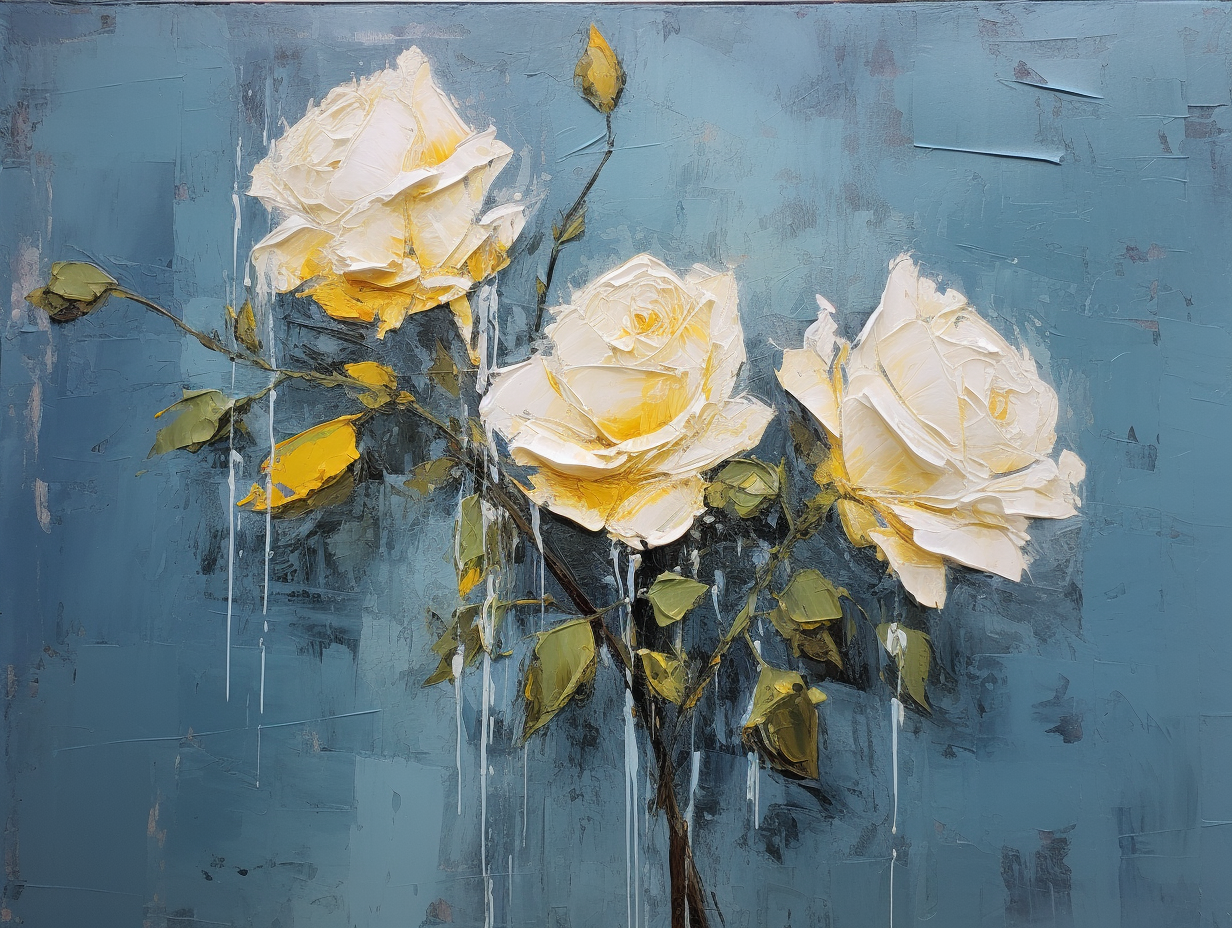 Beautiful white roses on blue wooden wall