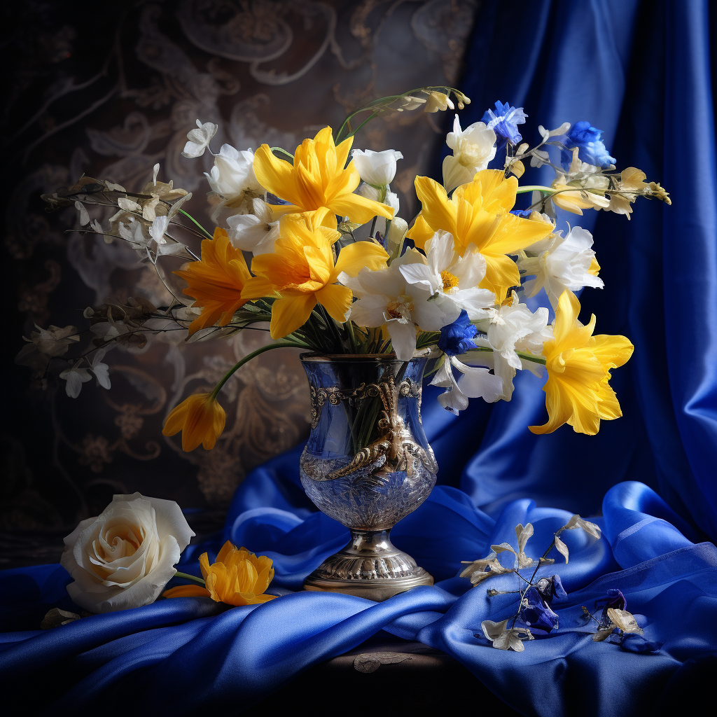 Blue and Yellow Bouquet in Crystal Vase