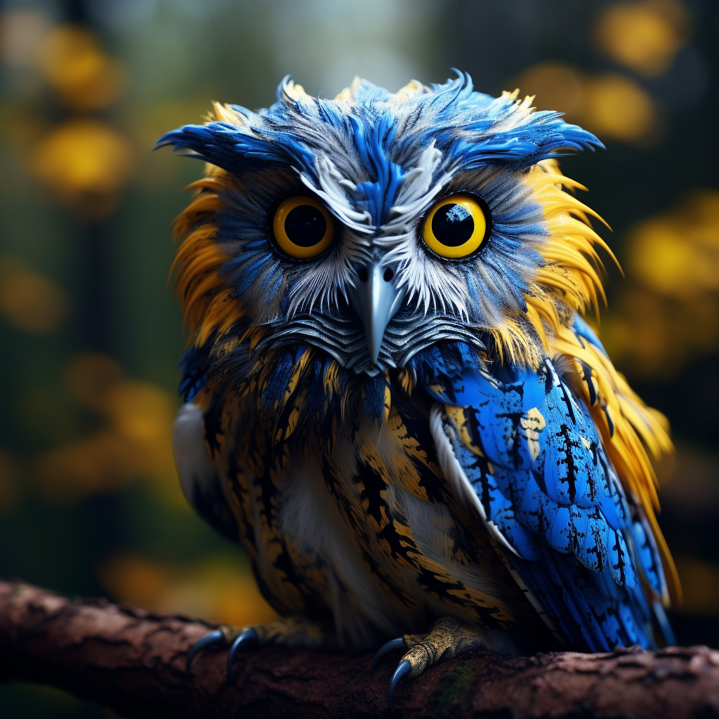 Beautiful photorealistic blue and yellow owl in nature