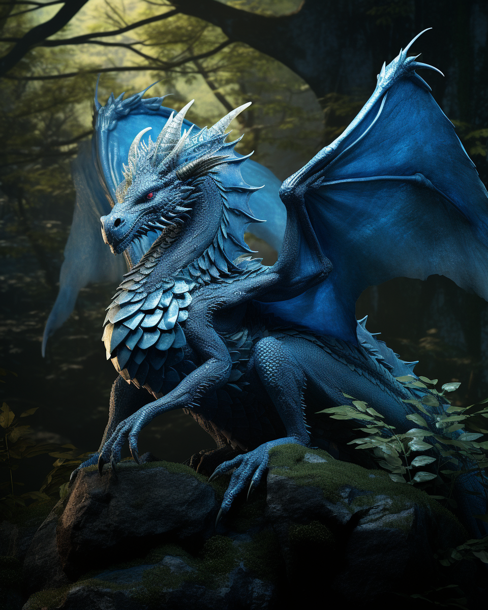 Blue Young Dragon in Magic Forest