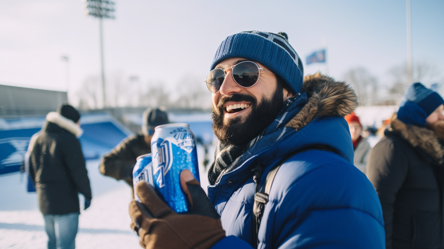 Man enjoying blue cola at tailgate party