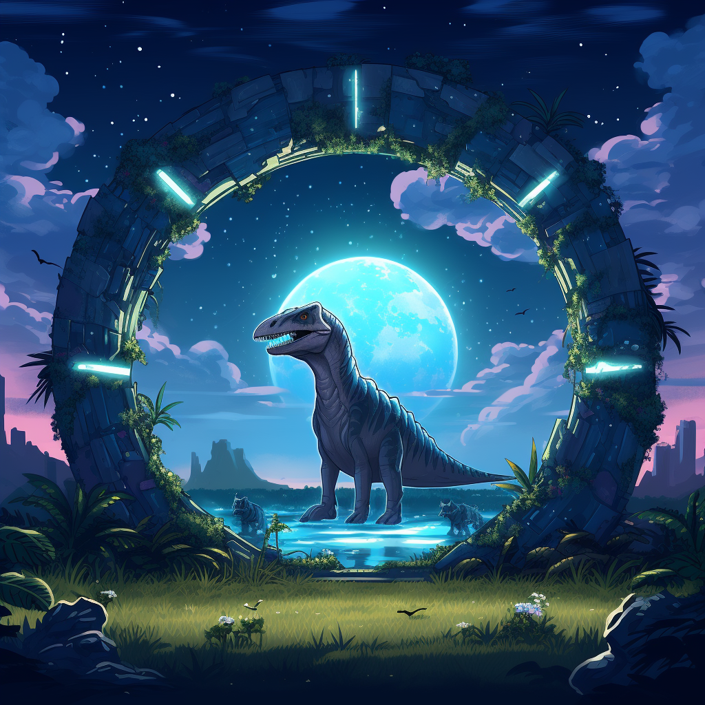 Pixel Art of a Dinosaur Emerging from a Blue Portal