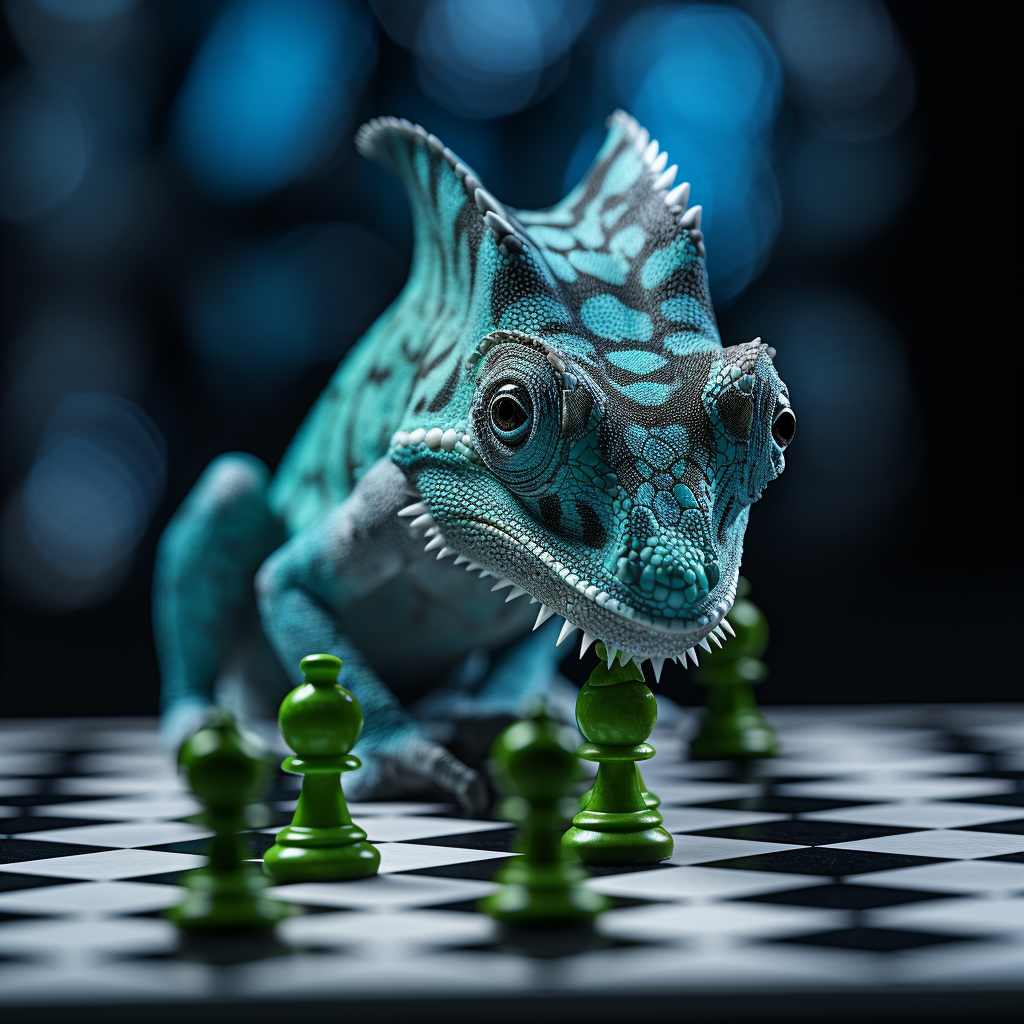 Blue and green chameleon on chess board