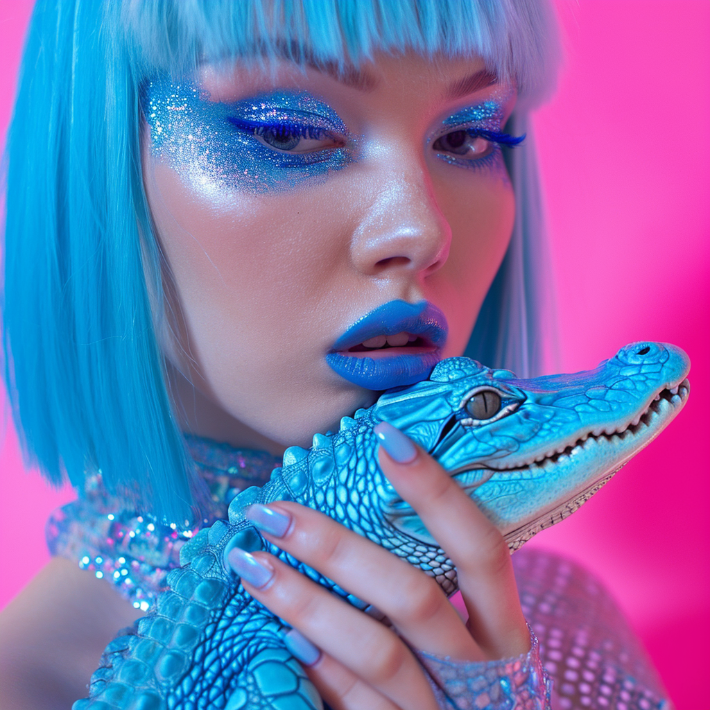 Blue Hair Model with Alligator Glitter