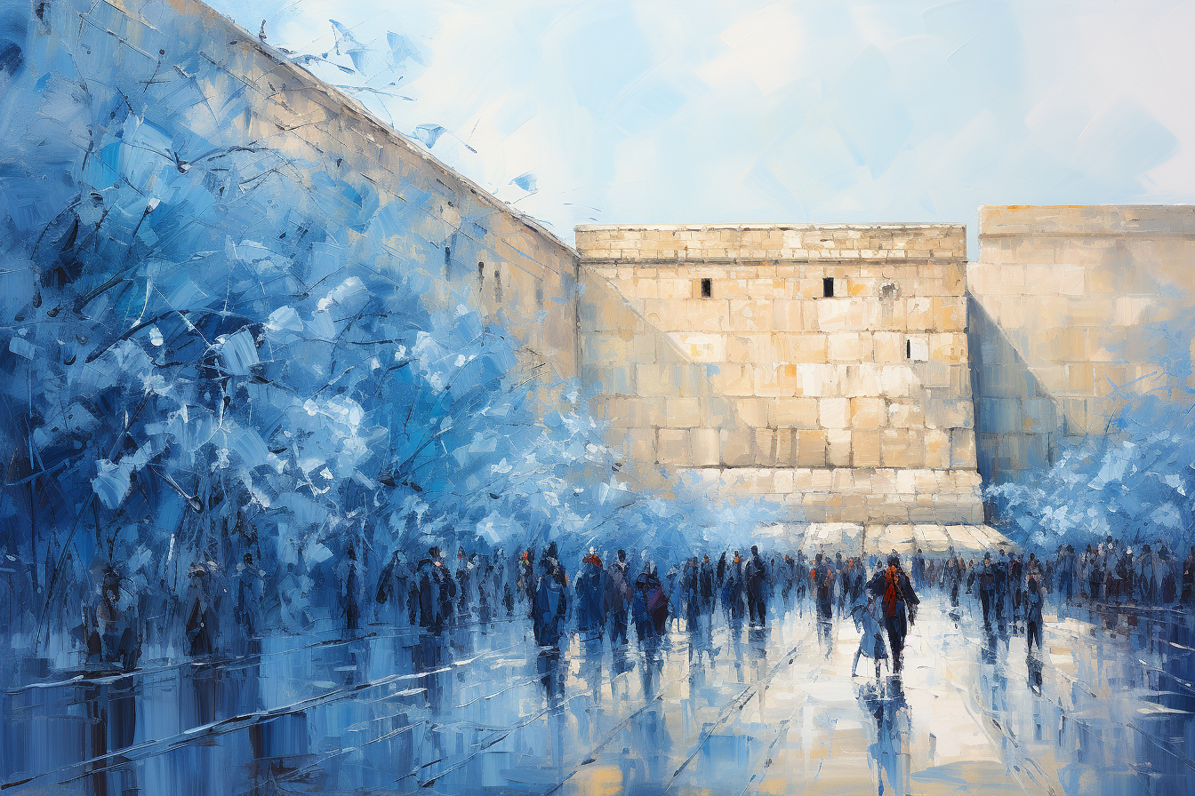 Vibrant blue-hued painting of Western Wall in Jerusalem