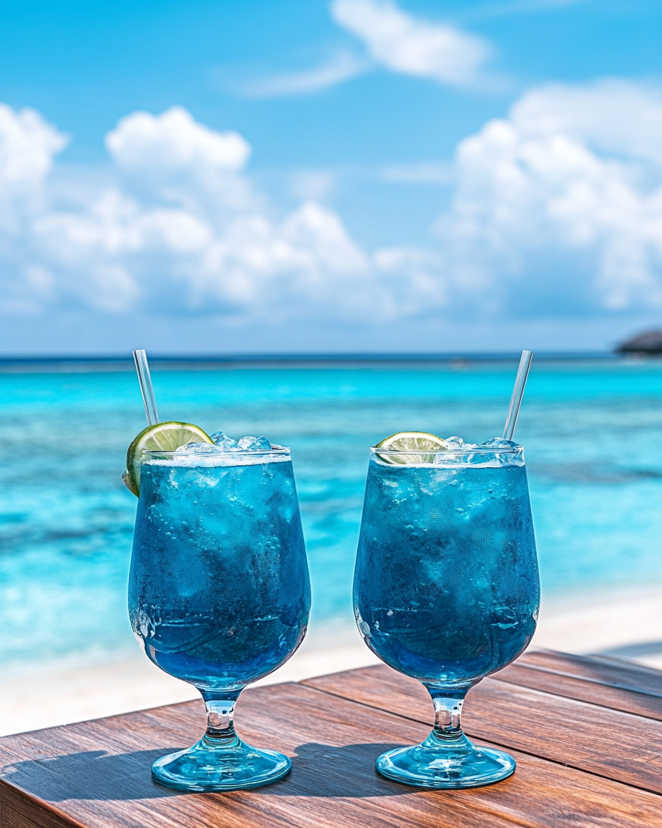 Blue Lagoon Cocktails Wooden Table Sea