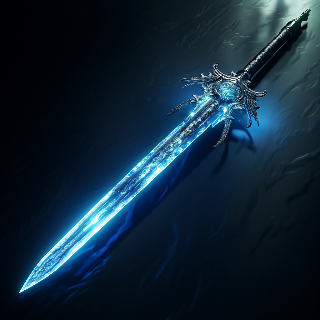 Pointed sword emitting blue light