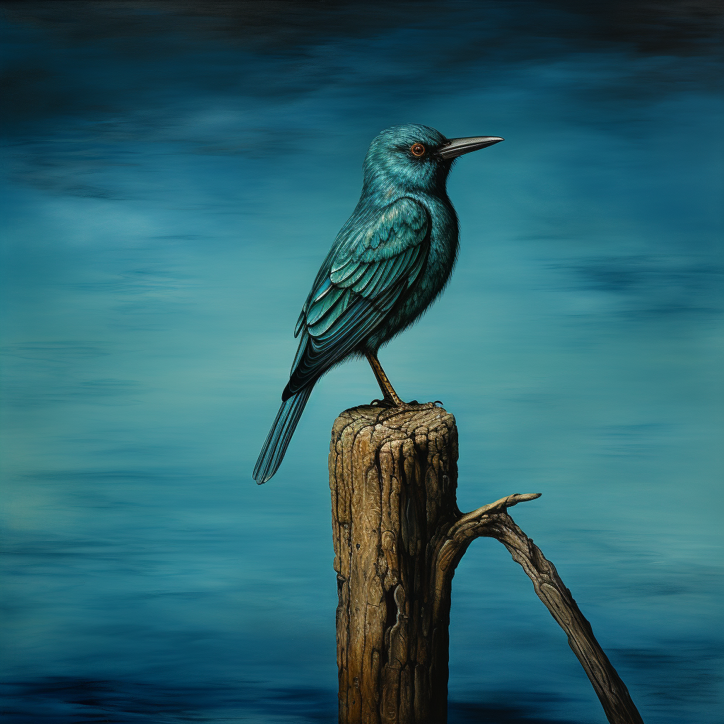 Bird sitting on wood stick by blue ocean