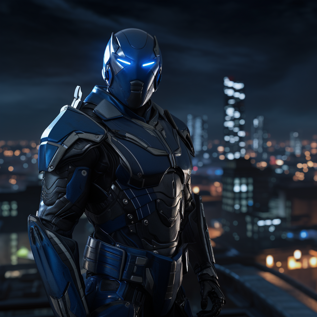 A vigilante in blue tactical armor overlooks the city at night.