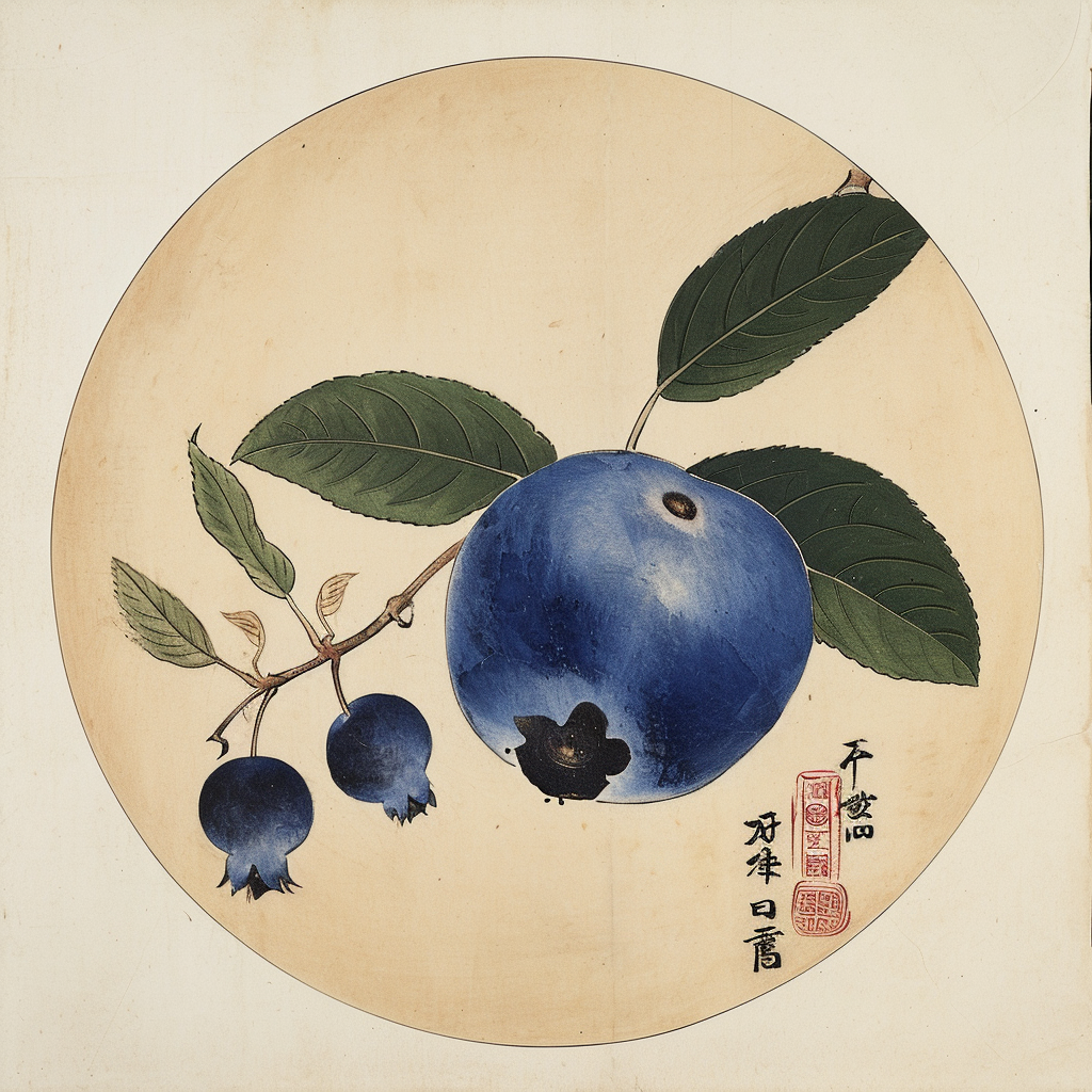 Colorful blueberry circular ukiyo-e painting