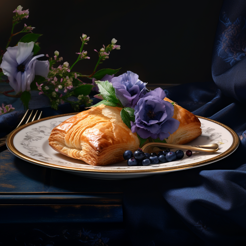 Exquisite Blueberry Danish served on a Gold Plate