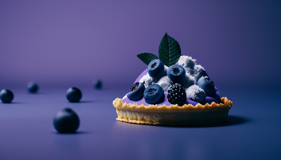 Delicious blueberry tart on purple background